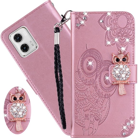 for Motorola Moto G73 5G Wallet Case for Women, Glitter Bling Diamond PU Leather Folio Cover with Card Slot Wrist Strap Built-in Kickstand Case for Motorola Moto G73 5G Owl Rose Gold