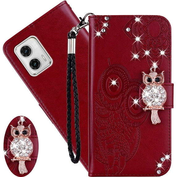 for Motorola Moto G73 5G Wallet Case for Women, Glitter Bling Diamond PU Leather Folio Cover with Card Slot Wrist Strap Built-in Kickstand Protective Case for Motorola Moto G73 5G Owl Red