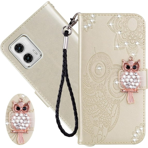 for Motorola Moto G73 5G Wallet Case for Women, Glitter Bling Diamond PU Leather Folio Cover with Card Slot Wrist Strap Built-in Kickstand Protective Case for Motorola Moto G73 5G Owl Gold