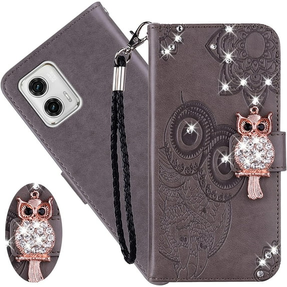 for Motorola Moto G73 5G Wallet Case for Women, Glitter Bling Diamond PU Leather Folio Cover with Card Slot Wrist Strap Built-in Kickstand Protective Case for Motorola Moto G73 5G Owl Grey