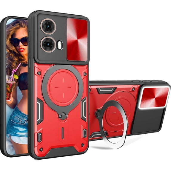 for Motorola Moto G75 6.78" Case with Magnetic Ring Kickstand, Rugged Military Grade Shockproof Case with Slide Camera Lens Cover for Motorola Moto G75 JS-Red