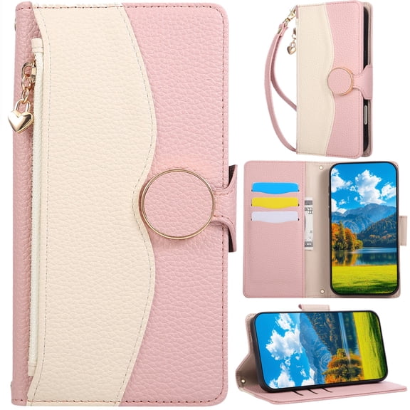 for Motorola Moto G84 Leather Phone Case Zipper Wallet Purse Contrast Color Block Folio Flip Cover Kickstand, Card Slot Cash Holder, Circular Magnetic Buckle, Wrist Strap