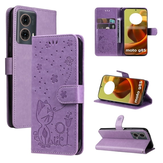 For Motorola Moto G85 6.67" Cat&Bee Patterned Embossed Strong Magnetic Attachment/Closure, Card Slots/Pocket, PU Leather Flip Wallet Case ,Purple,For Motorola Moto G85