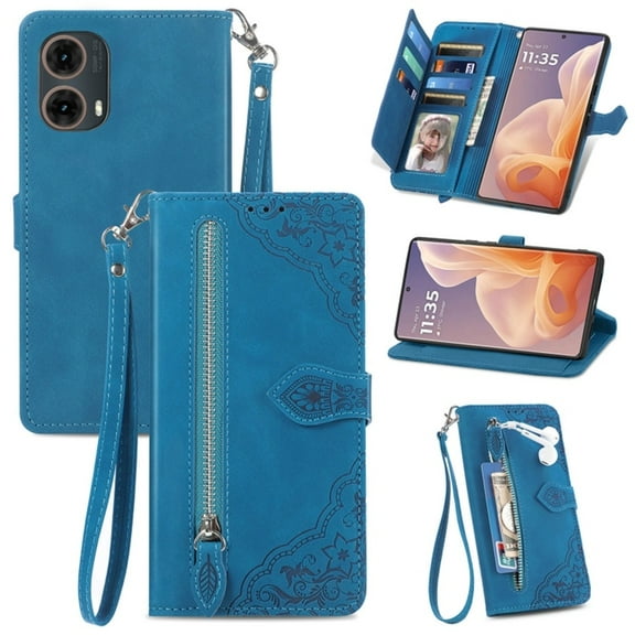 for Motorola Moto G85 6.67 inch Case, Wallet for Women Men, Durable PU Leather Magnetic Flip Lanyard Strap Wristlet Zipper Card Holder Wallet Phone Case for Motorola Moto G85