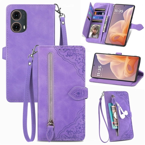 for Motorola Moto G85 6.67 inch Case, Wallet for Women Men, Durable PU Leather Magnetic Flip Lanyard Strap Wristlet Zipper Card Holder Wallet Phone Case for Motorola Moto G85