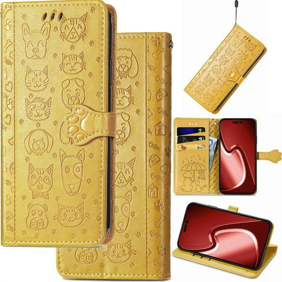 for Motorola Moto G96 Leather Case, Relief Cartoon Cat Dog Folio Flip Cover, Card Holder Cash Slot, Magnetic Cute Cat Paw Clasp, Hand Wrist Strap, Stand Support