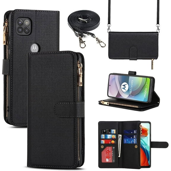 for Motorola Moto One 5G Ace 2021 Wallet Case for Women Men with Card Holder,Moto G 5G 2020 Crossbody Phone Cases with Strap Shoulder Lanyard, Zipper Pocket PU Leather Purse,Black