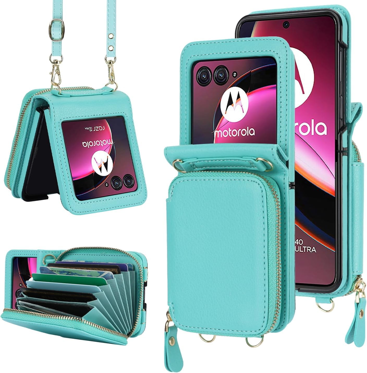 for Motorola Moto Razr+ 2023 Wallet Case with RFID Blocking, Moto Razr Plus Phone Case Crossbody Strap Card Holder Women Girls PU Leather Motorola Razr+ 2023 Wallet Phone Case Green