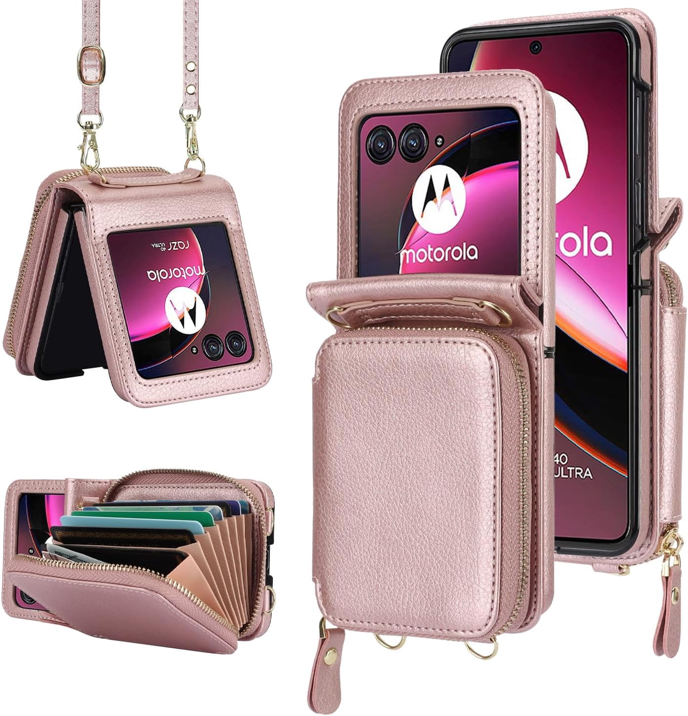 for Motorola Moto Razr+ 2023 Wallet Case with RFID Blocking, Moto Razr Plus Phone Case Crossbody Strap Card Holder Women Girls PU Leather Motorola Razr+ 2023 Wallet Phone Case Rosegold