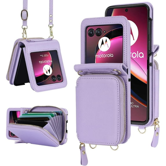 for Motorola Moto Razr+ 2023 Wallet Case with RFID Blocking, Moto Razr Plus Phone Case Crossbody Strap Card Holder Women Girls PU Leather Motorola Razr+ 2023 Wallet Phone Case Purple