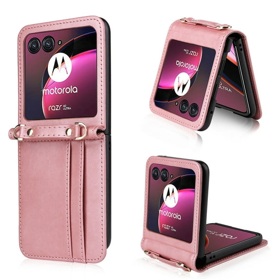 for Motorola Moto Razr 2024 Case Wallet with Card Holder for Women Motorola Moto Razr 2024 Case with Detachable Crossbody Lanyard PU Leather Shockproof Protective Cover Case,Pink