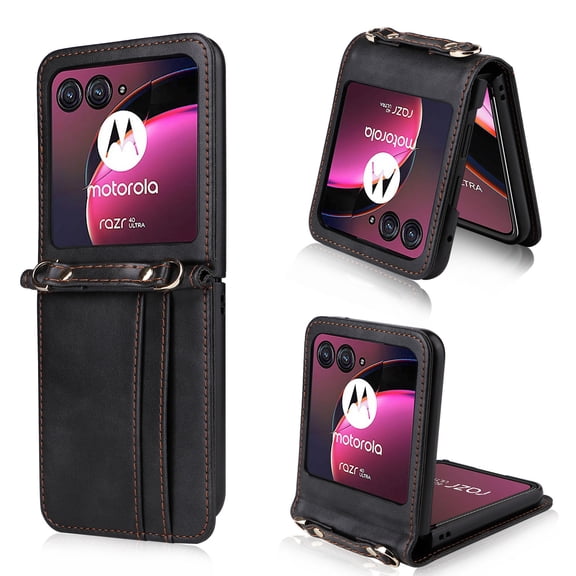 for Motorola Moto Razr + / Plus 2024 Wallet Case with Card Holder, Luxury PU Leather Protective Cover Removable Adjustable Shoulder Neck Strap Case for Moto Razr + / Plus 2024 Crossbody,Black
