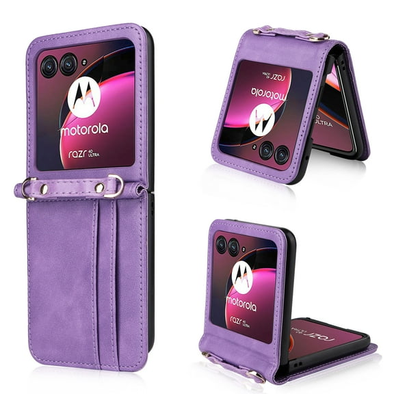 for Motorola Moto Razr + / Plus 2024 Wallet Case with Card Holder, Luxury PU Leather Protective Cover Removable Adjustable Shoulder Neck Strap Case for Moto Razr + / Plus 2024 Crossbody,Purple