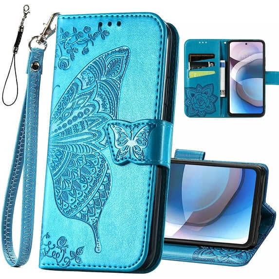 for Motorola One 5G Ace Phone Case,Moto G 5G Wallet Case,Women Butterfly Embossed PU Leather Kickstand Card Holder Slots Wrist Strap Flip Cover for Motorola Moto One 5G Ace 6.7" (Blue)