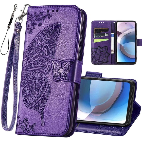 for Motorola One 5G Ace Phone Case,Moto G 5G Wallet Case,Women Butterfly Embossed PU Leather Kickstand Card Holder Slots Wrist Strap Flip Cover for Motorola Moto One 5G Ace 6.7" (Purple)