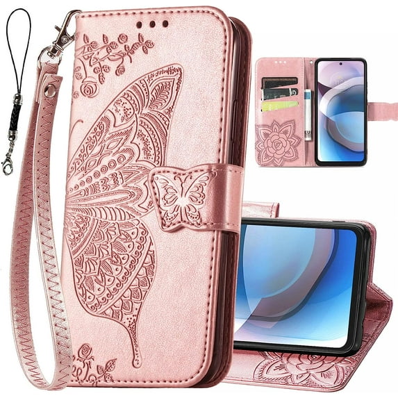 for Motorola One 5G Ace Phone Case,Moto G 5G Wallet Case,Women Butterfly Embossed PU Leather Kickstand Card Slots Wrist Strap Flip Cover for Motorola Moto One 5G Ace 6.7" (Rose Gold)