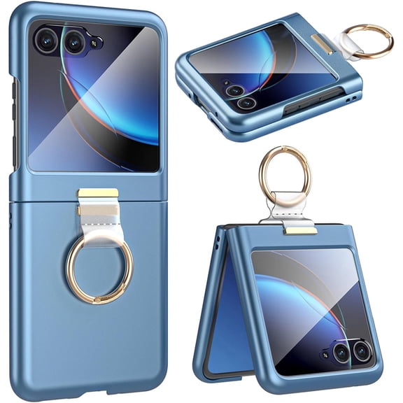 for Motorola Razr+ 2023 Case with Ring, [Integrated Screen Protector] Slim Hard PC Motorola Rarz Plus Back Cover Full Coverage Phone Case with Ring for Motorola Razr Plus 2023 Blue