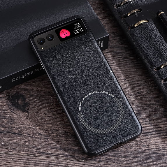 for Motorola Razr 2023 Magnetic Case,Built-in Magnet Circle Support Magsafe Charger,Luxury PU Leather Anti-drop Shockproof Protective Lightweight Slim Back Phone Cover,Black
