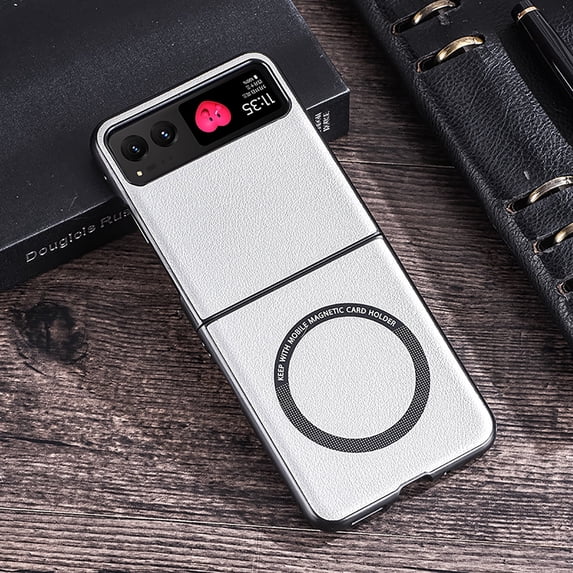 for Motorola Razr 2023 Magnetic Case,Built-in Magnet Circle Support Magsafe Charger,Luxury PU Leather Anti-drop Shockproof Protective Lightweight Slim Back Phone Cover,White