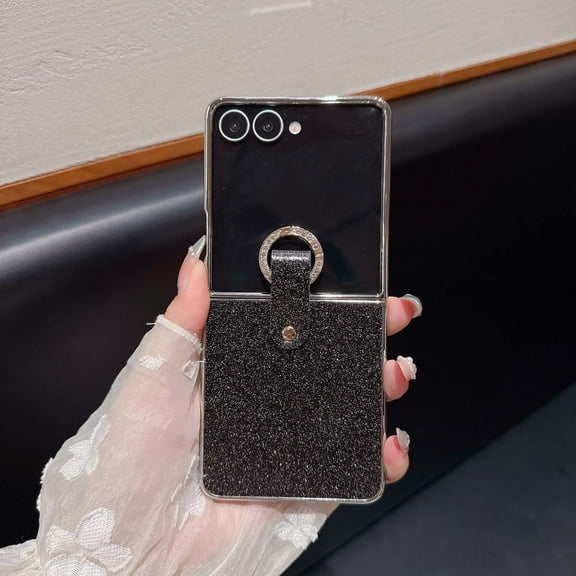 for Motorola Razr+ 2024 Case for Girls, Glitter Back with Plating Frame, Diamond Sparkly Finger Ring, Drop Protective Lightweight Ultra Slim Anti-Scratch Phone Case, Black