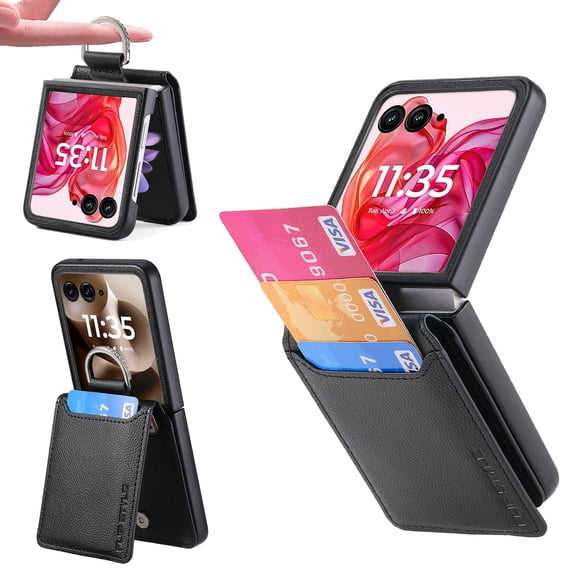 For Motorola Razr+ 2024 Case Magnetic Wallet with Card Holder,Luxury PU Leather Protective Phone Case Kickstand Full Coverage Pocket Ring Case for Motorola Razr+ 2024,Black
