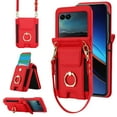 thumbnail image 1 of for Motorola Razr 2024 Case, Retro PU Leather Shockproof Protection Phone Case Wallet Built in Credit Card Slots Flip Cover Finger Ring Stand with Long Strap + Short Strap, Red, 1 of 8