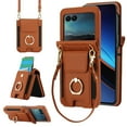 thumbnail image 1 of for Motorola Razr+ 2024 Case, Retro PU Leather Shockproof Protection Phone Case Wallet Built in Credit Card Slots Flip Cover Finger Ring Stand with Long Strap + Short Strap, Brown, 1 of 8