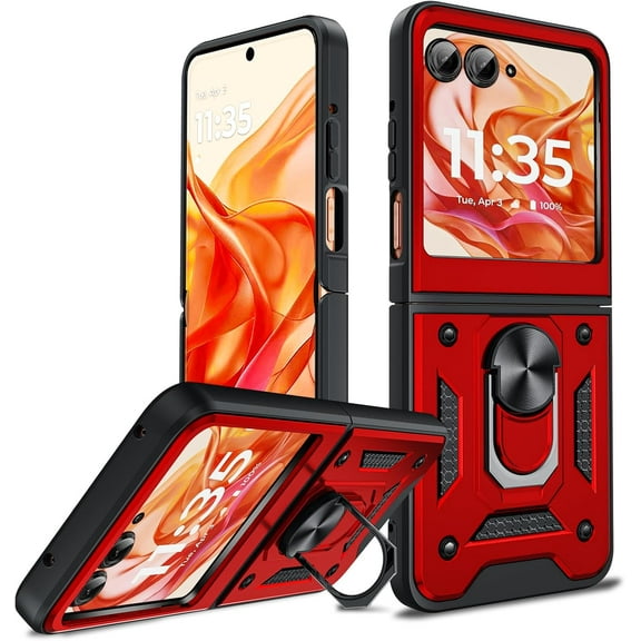 for Motorola-Razr-2024-Case: [𝗡𝗼𝘁 𝗙𝗶𝘁 𝗣𝗹𝘂𝘀 𝟮𝟬𝟮𝟰] with Slide Camera Cover and Magnetic Stand, [Military-Grade] Protective Phone Case with Ring Kickstand, Red