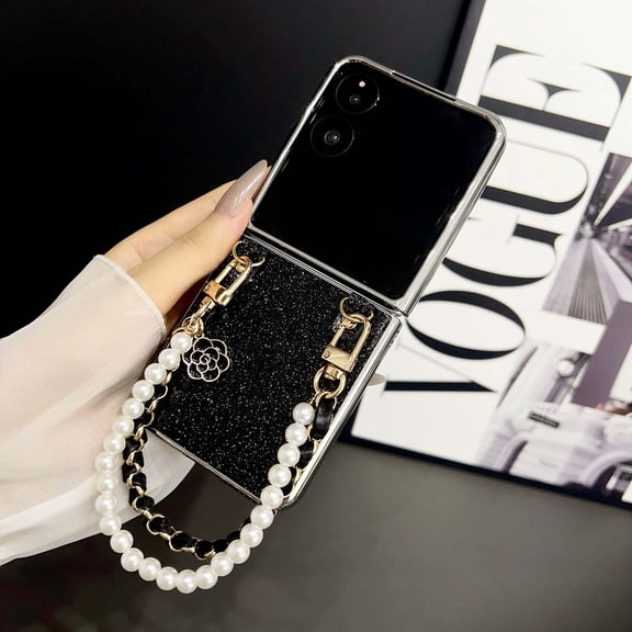 for Motorola Razr+ 2024 Glitter Case with Plating Frame & Pearl Chain Strap, Luxury Shockproof Drop Protective Lightweight Ultra Slim Anti-Scratch Cover for Women Girls - Black