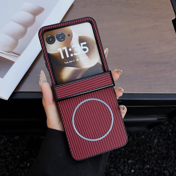 for Motorola Razr+ 2024 Magnetic Case, Ultra-Thin Lightweight [Fiber Texture] [Compatible with Mag-Safe] Shockproof Protective Rugged Phone Cover for Motorola Razr+ 2024, Red
