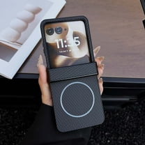 For Motorola Razr 2024 Magnetic Phone Case,Compatible with Mag-Safe,With Hinge Protector,Hard PC Bumper PU Leather Fiber Pattern Back,Shockproof Anti-Scratch Phone Case,Black