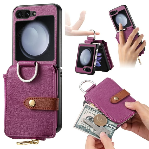 for Motorola Razr 2024/Razr 2025 PU Leather Zipper Wallet Case, Cash Card Slots, Finger Ring Multi-Functional Kickstand Shockproof Phone Cover for Motorola Razr 2024/2025, Purple