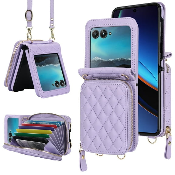 for Motorola Razr  2024 Wallet Case, Adjustable Detachable Crossbody Strap Zipper Purse with Credit Card Slots Holder RFID Blocking PU Leather Protective Cover for Women Girls, Lightpurple