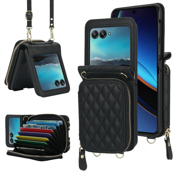 for Motorola Razr+ 2024 Wallet Case, Adjustable Detachable Crossbody Strap Zipper Purse with Credit Card Slots Holder RFID Blocking PU Leather Protective Cover for Women Girls, Black