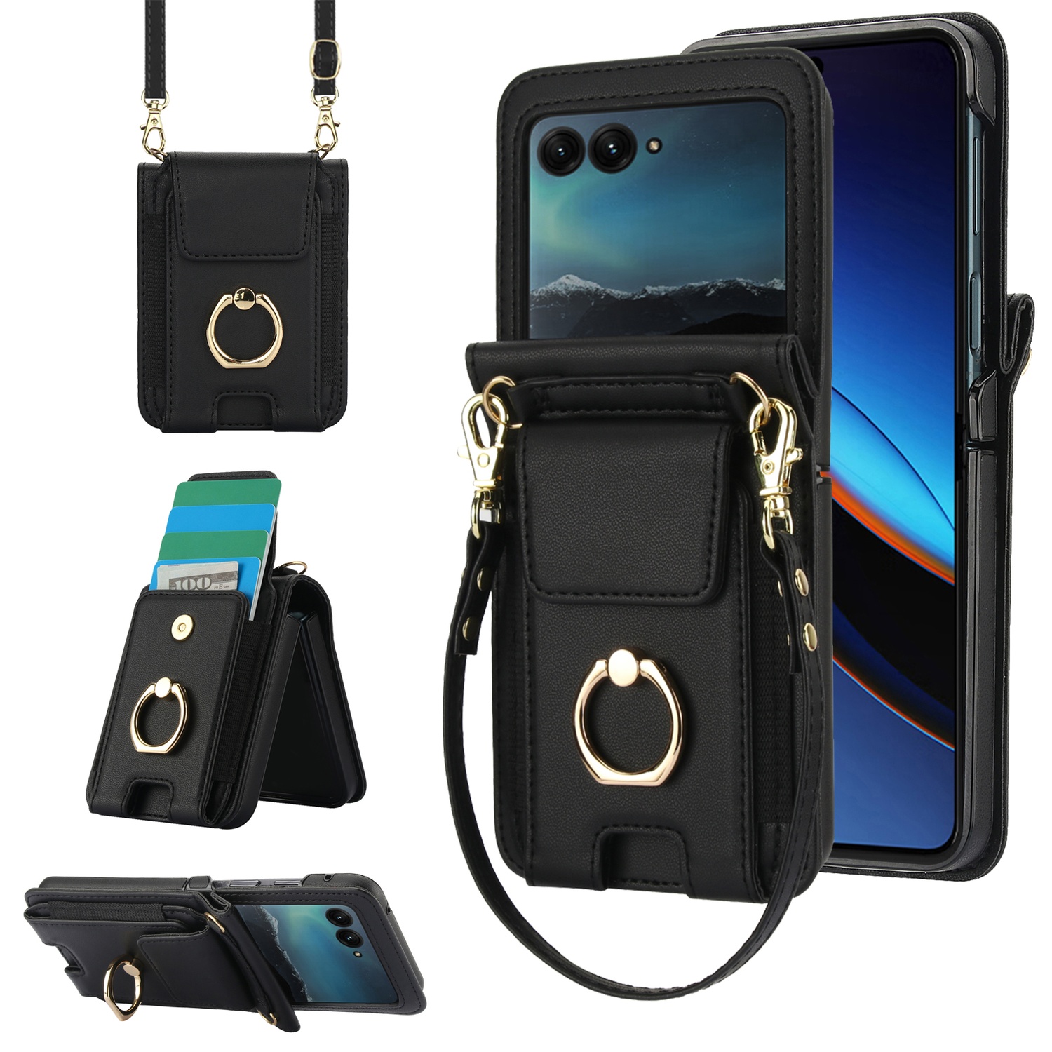 for Motorola Razr 2024 Wallet Case Crossbody, PU Leather Zipper Handbag Purse Flip Cover, Back Card Slots, Adjustable Shoulder Strap, Finger Ring Stand for Motorola Razr 2024, Black