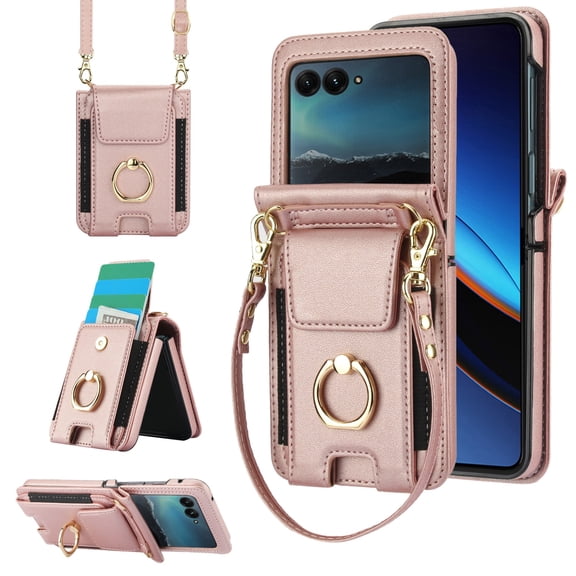for Motorola Razr 2024 Wallet Case Crossbody, PU Leather Zipper Handbag Purse Flip Cover, Back Card Slots, Adjustable Shoulder Strap, Finger Ring Stand for Motorola Razr 2024, Rosegold