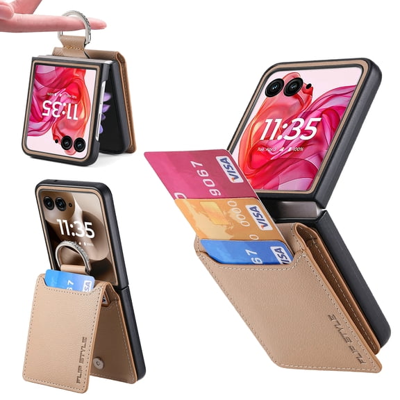 For Motorola Razr 2025 Case Magnetic Wallet with Card Holder,Luxury PU Leather Protective Phone Case Kickstand Full Coverage Pocket Ring Case for Motorola Razr 2025,Khaki