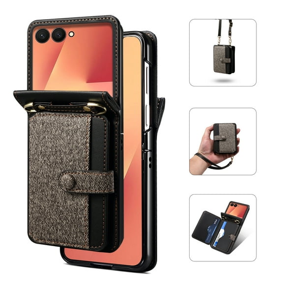 for Motorola Razr+ 2025, PU Leather + PC + Fabric, with Trifold Card Slots Flip Cover Foldable Stand, Adjustable Crossbody Strap, Protective Phone Cover for Motorola Razr+ 2025, Gray