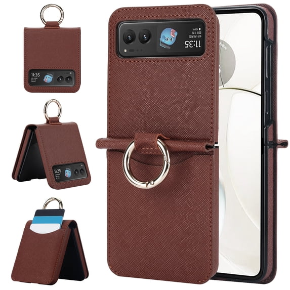 for Motorola Razr 40 Case, Classic Premium PU Leather Flip Case with Card Holder Shockproof Drop Protective Ring Holder Phone Case Cover for Motorola Razr 40, Brown