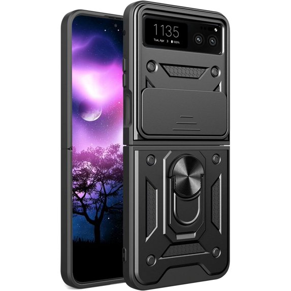 for Motorola Razr 40 Case with Slide Camera Cover for Men, Military Grade Drop Phone Cover Case with Rotate Ring Kickstand for Motorola Razr 40 SJ Black
