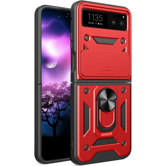 for Motorola Razr 40 Case with Slide Camera Cover for Men, Military Grade Drop Phone Cover Case with Rotate Ring Kickstand for Motorola Razr 40 SJ Red