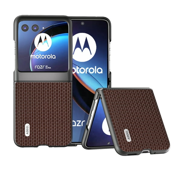for Motorola Razr 40 Full Body Case, Luxury Magnetic Hinge Protection Shockproof PU Leather Slim Fabric Grid Texture Phone Case Cover for Motorola Razr 40, Coffee