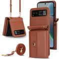 thumbnail image 1 of For Motorola Razr 40 PU Leather Case, Stylish Crossbody Strap Wristband Card Slots Magnetic Snap RFID Blocking Drop Protective Rugged Case for Motorola Razr 40, Brown, 1 of 7