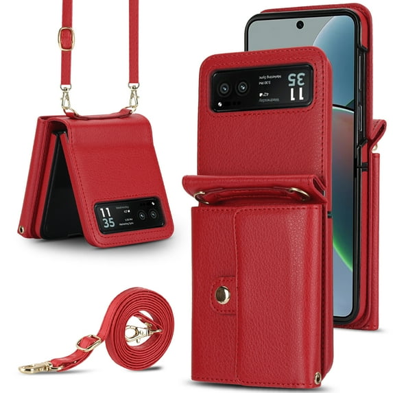For Motorola Razr 40 PU Leather Case, Stylish Crossbody Strap Wristband Card Slots Magnetic Snap RFID Blocking Drop Protective Rugged Case for Motorola Razr 40, Red