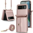 thumbnail image 1 of For Motorola Razr 40 PU Leather Case, Stylish Crossbody Strap Wristband Card Slots Magnetic Snap RFID Blocking Drop Protective Rugged Case for Motorola Razr 40, Rosegold, 1 of 7