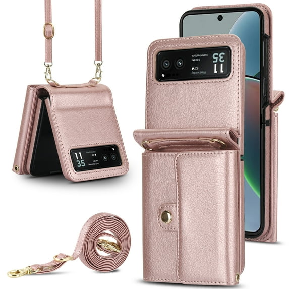 For Motorola Razr 40 PU Leather Case, Stylish Crossbody Strap Wristband Card Slots Magnetic Snap RFID Blocking Drop Protective Rugged Case for Motorola Razr 40, Rosegold