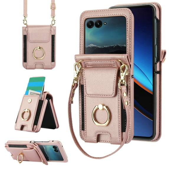 for Motorola Razr 40 Ultra Case, Retro PU Leather Shockproof Protection Phone Case Wallet Built in Credit Card Slots Flip Cover Finger Ring Stand with Long Strap + Short Strap, Rosegold