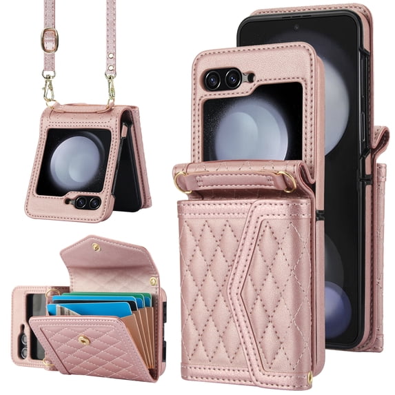 for Motorola Razr 40 Ultra Elegant Case Wallet for Women, 4 Card Holder & Shoulder Strap & Wristlet Flip PU Leather Phone Case with RFID Blocking for Motorola Razr 40 Ultra, Rosegold