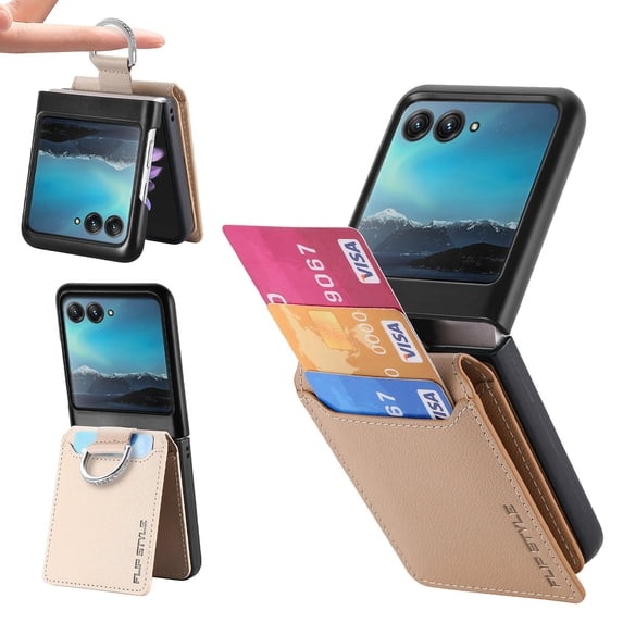 for Motorola Razr 40 Ultra Wallet Case with Magnetic Clasp Credit Card Slots for Women Men Lichee Pattern PU Leather Fringer Ring Holder Shockproof Phone Case for Motorola Moto Razr 40 Ultra, Khaki