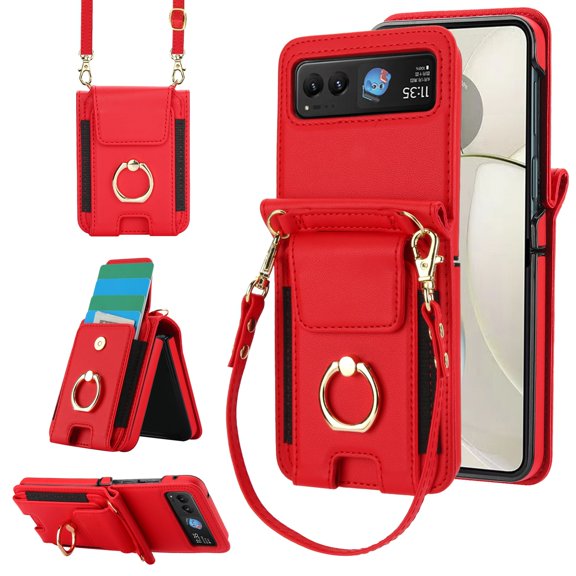 for Motorola Razr 40 Wallet Case Crossbody, PU Leather Zipper Handbag Purse Flip Cover, Back Card Slots, Adjustable Shoulder Strap, Finger Ring Stand for Motorola Razr 40, Red